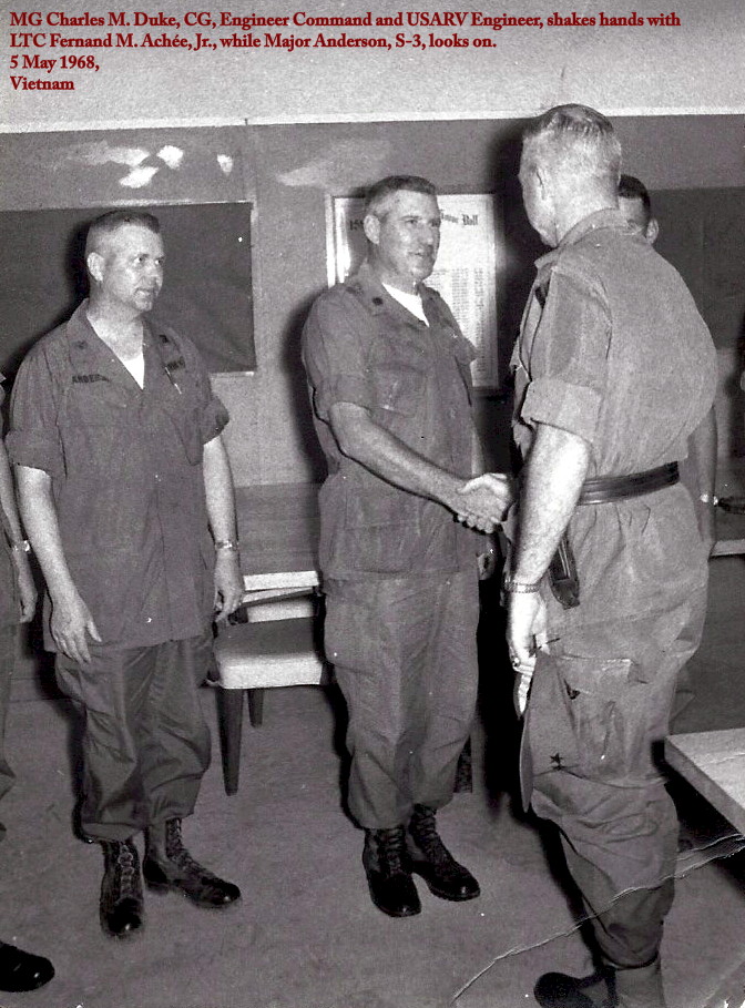 unspecified greeting ceremony between MG Charles M. Duke and LTC Achée, 5 May 1968, Vietnam