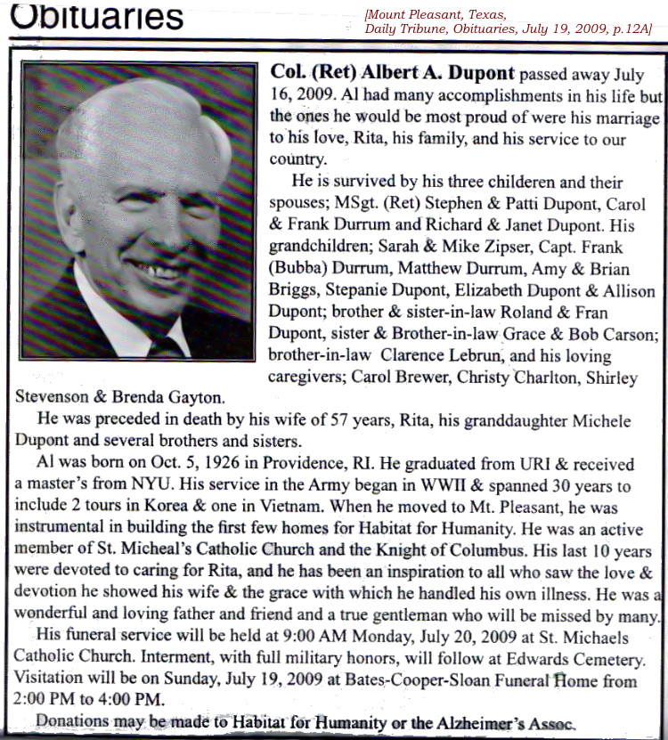 Col (Ret) Albert A. Dupont Obituary
