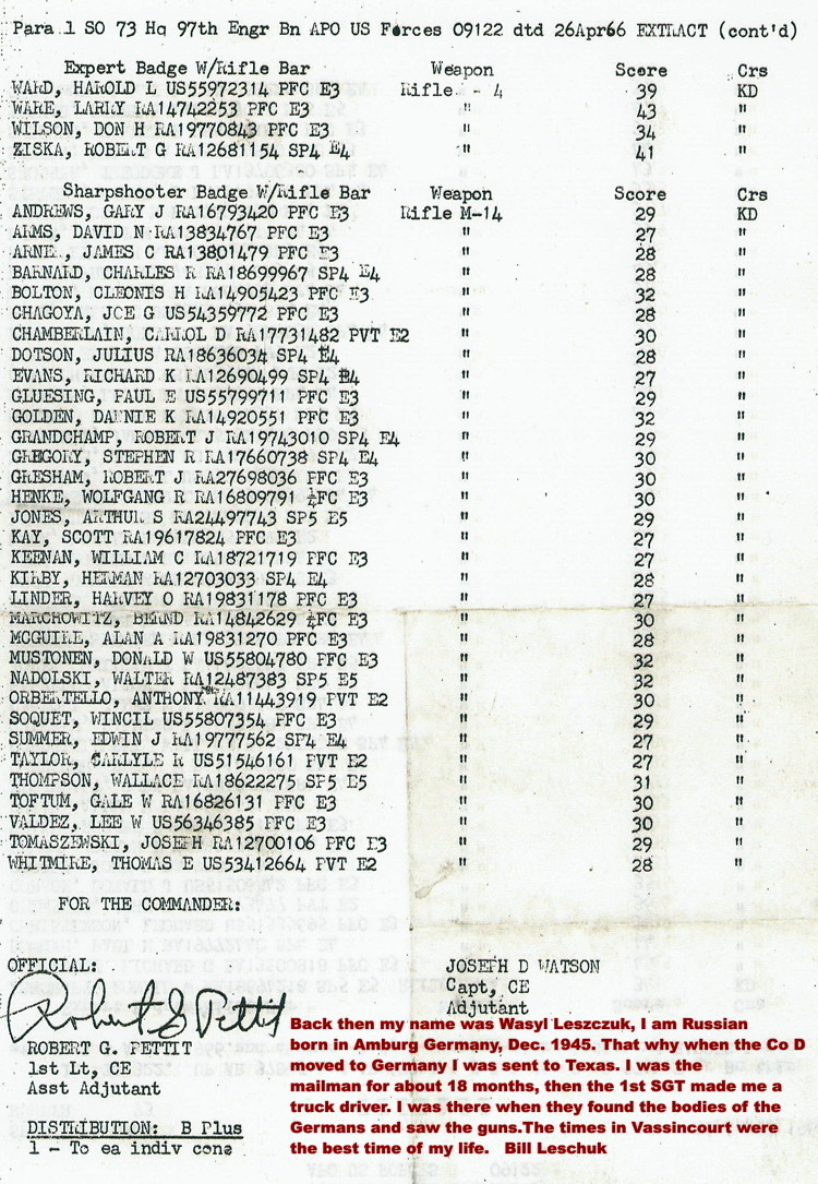 Co D, 97th Engn Bn, Unit Small Arms Qualification list, Bill Leschuk photo