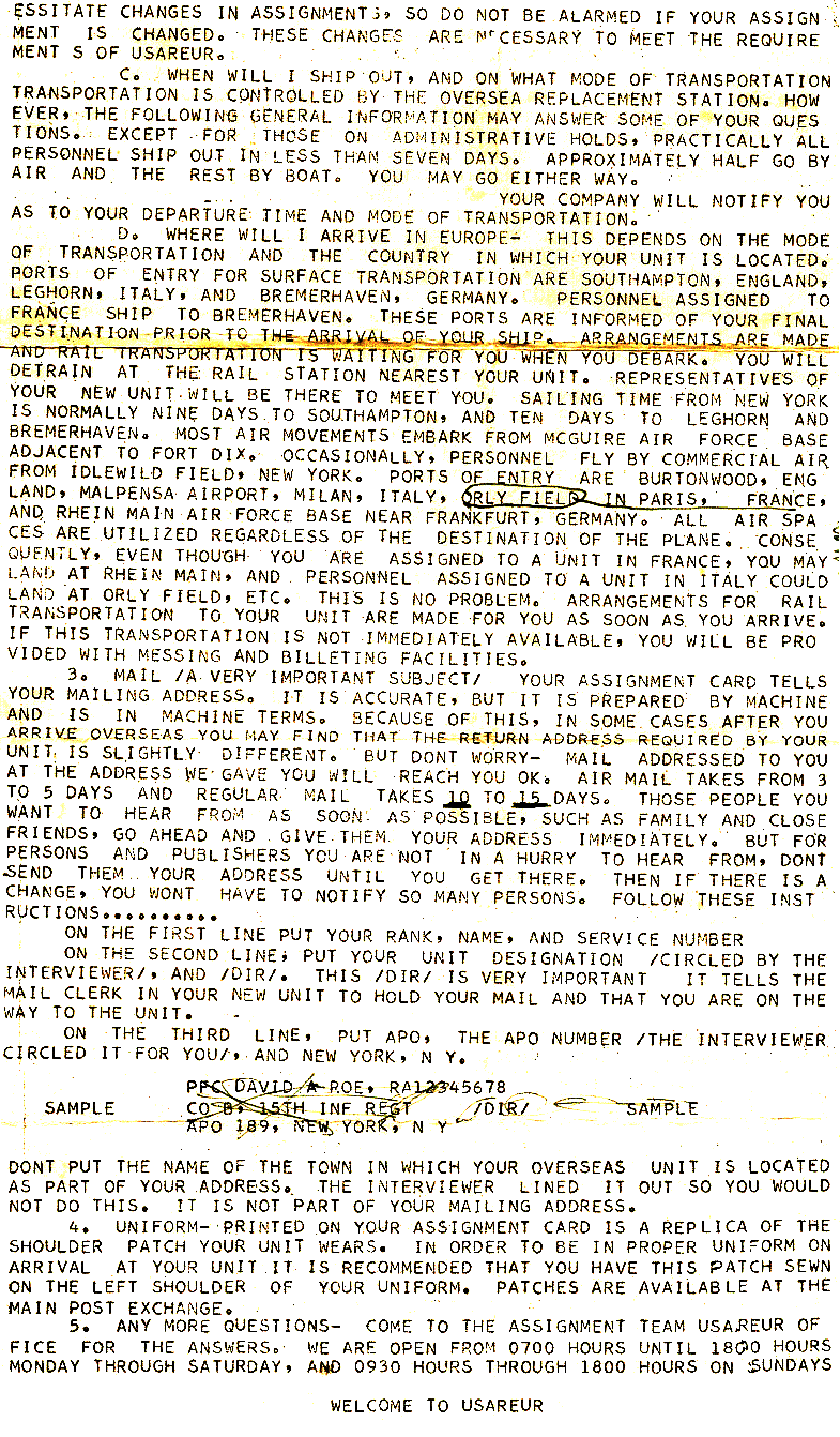 USAREUR Assignments Team Briefing sheet, circa 1960, page 2