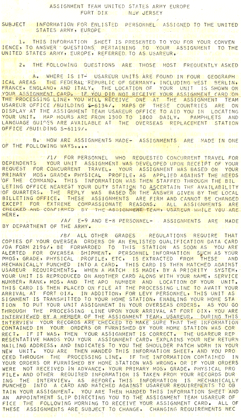 USAREUR Assignments Team Briefing sheet, circa 1960, page 1