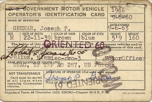 Joe Greear's license, side 1