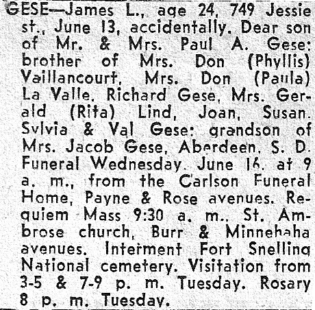 Obituary of James Leon Gese, St Paul Minnesota