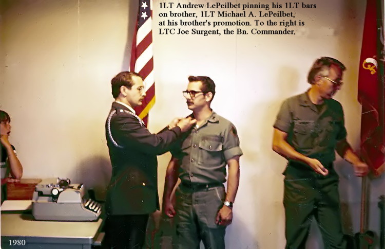 1LT Michael A. LePeilbet being promoted by his brother, 1LT Andrew LePeilbet