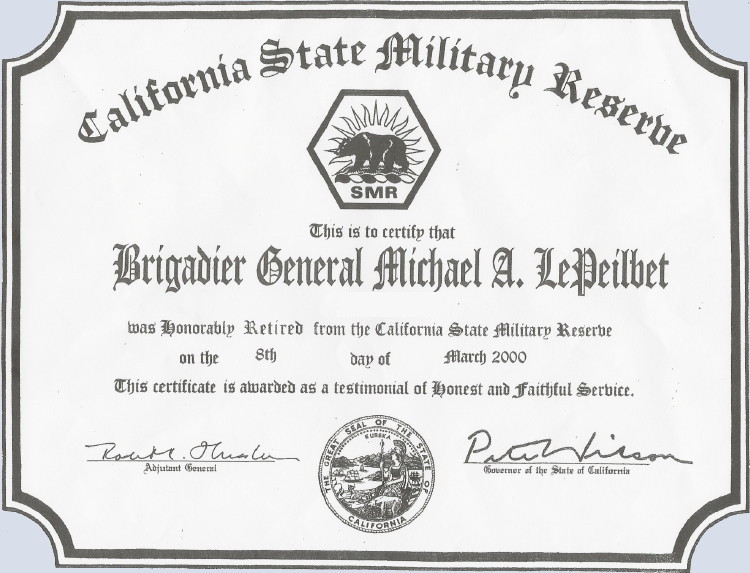 Retirement certificate, BG Michael A. LePeilbet