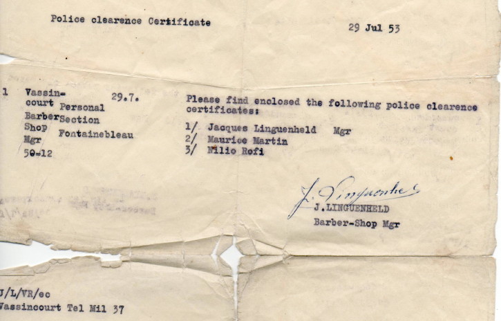 Vassincourt Military Installation police clearance certificate, L. Linguenheld, courtesy of Celine Linguenheld