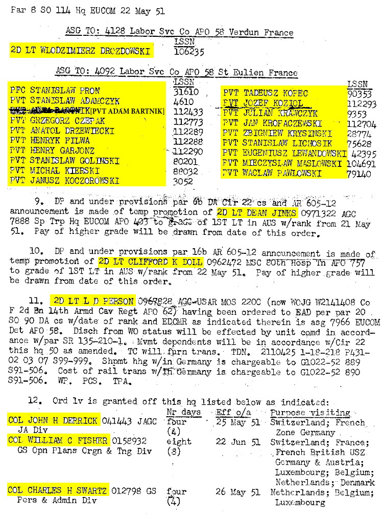 HQ, European Command Special Order Number 114, dated 22 May 1951, page 2, courtesy of Remy Nacarro