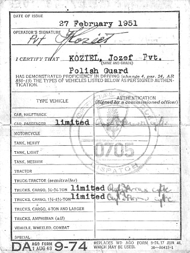 DA Form 9-74, Operator's Permit, PVT JKozef Koziel
