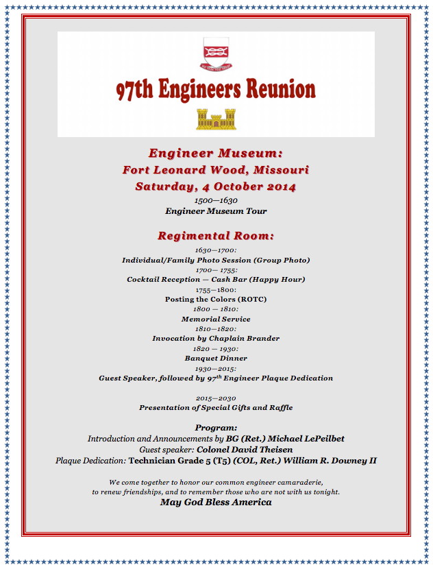 97th Engineer Reunion Schedule, Saturday, October 4, 2014
