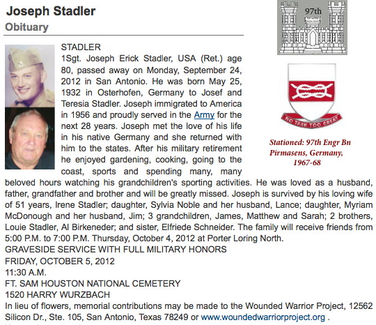 1SG Joseph E. Stadler Obituary, 2012