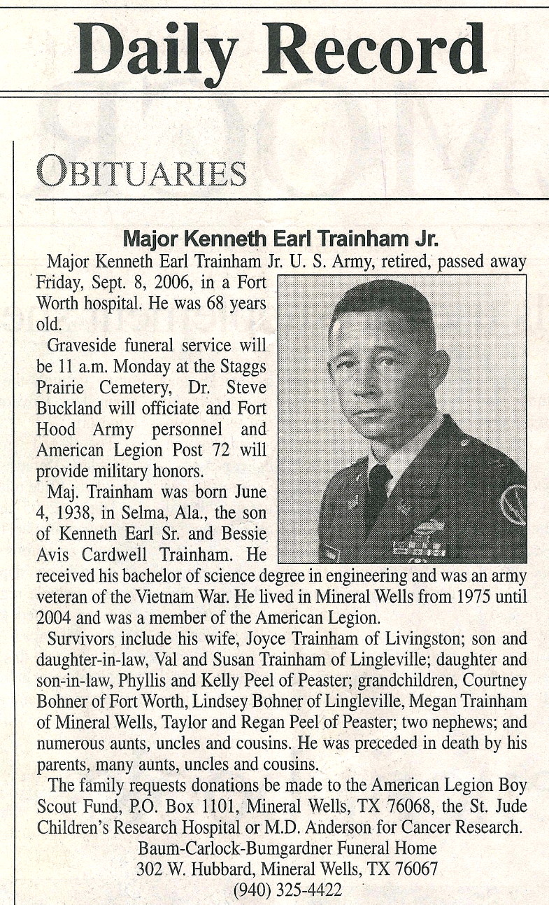 Major Kenneth Earl Trainham, Jr., Obituary, Sept 8, 2006