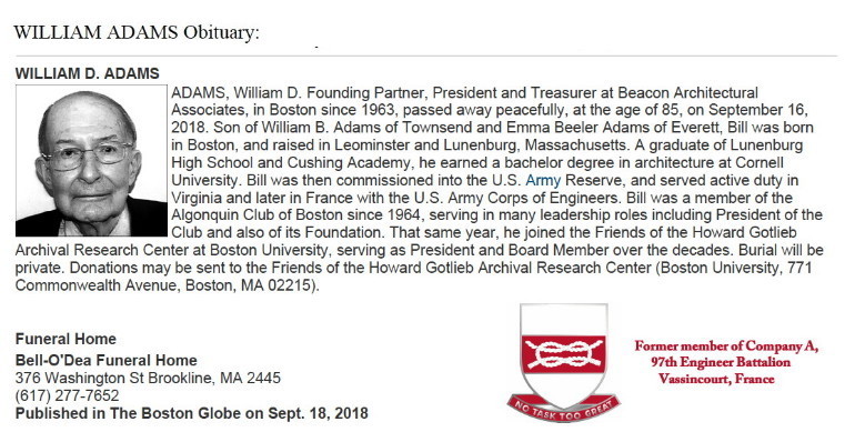 Obituary for William D. Adams, 2018