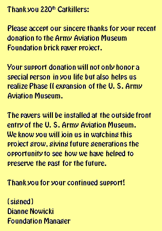 Thank you note from the Army Aviation Center Museum Foundation