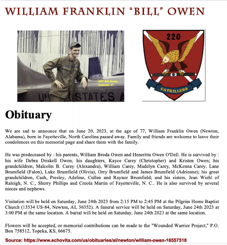 CPT Bill Owen, Catkiller 27, Obituary, 2023