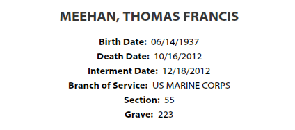 Arlington National Cemetery burial information, Col Tank Meehan