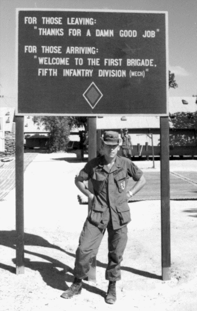 Photo of CSM (r) Gary Huber, at Camp Roberts, Quang Tri Combat Base, then a SGT in Vietnam during Oct 1969, who served with the 1st Brigade, 5th Infantry Division (Mech)