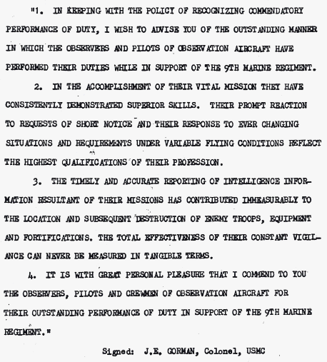 Message from Colonel Gorman, USMC, Commanding Officer, 9th Marine Regiment, early January, 1966