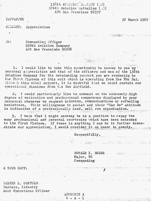 Letter of Appreciation from MAJ Donald I. Hobbs