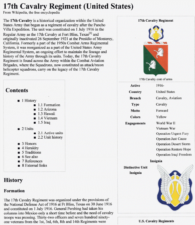17th Cavalry Regiment information sheet