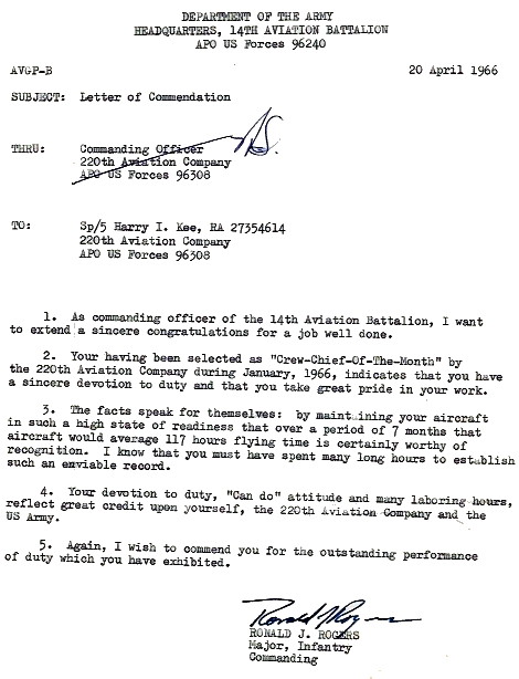 Letter of Commendation to SP4 Harry I. Kee from MAJ Ronald J. Rogers, two months later