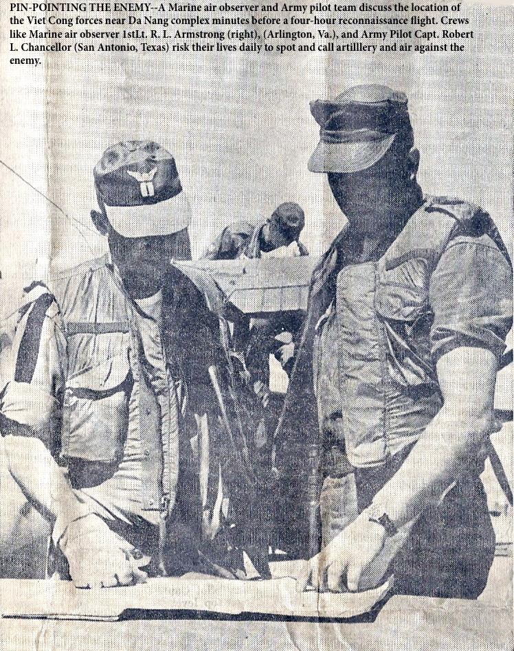 CPT Robert L. Chancellor, 3rd Platoon, Da Nang, speaks with Marine Air Observer 1stLt. R. L. Armstrong,Marine AO before going on patrol