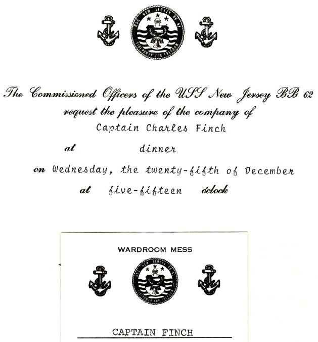 CPT Charles Finch invitation to the Battleship New Jersey, Dec 25, 1968