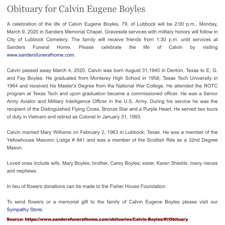 COL Calvin Eugerne Boyles obituary