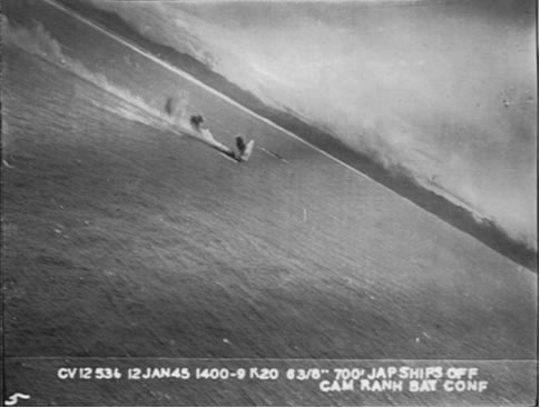 Lt James L. Hooper's in-aircraft photo of combat operations off Cam Ranh Bay, Vietnam, 1944