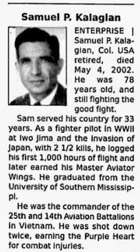 The Tuscaloosa News, 8 May 2002, page 2B, Obituaries, extract, COL Samuel P. Kalagian