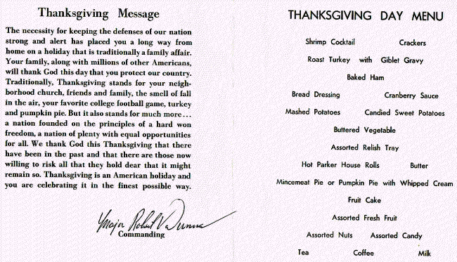 220th Aviation Company Thanksgiving Dinner menu, 1966, courtesy Dennis Currie