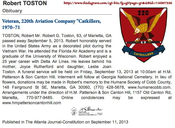Obituary, Robert G. Toston, Catkiller 30, 1970-71