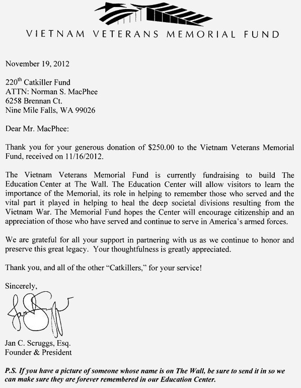 Letter dated November 19, 2012, Vietnam Veterans Memorial Fund donation