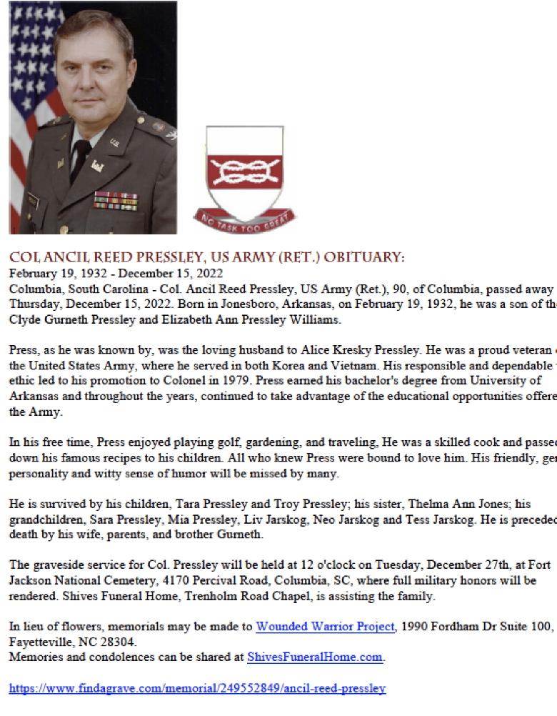 LTC (Retired) Ancil Reed Pressley obituary