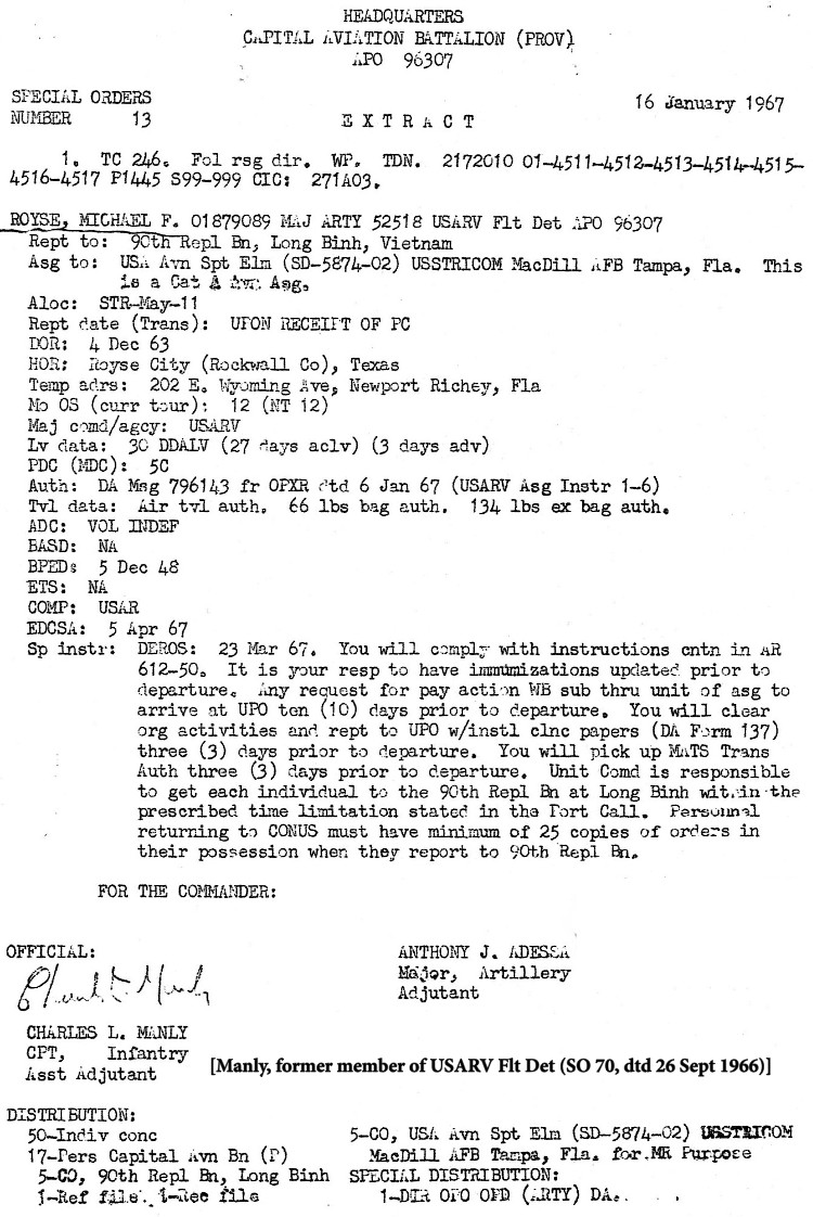 Capital Aviation Battalion (Prov) SO 13, 16 January 1967