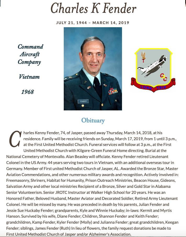 Obituary: LTC (ret.) Charles Kenny Fender, 2019