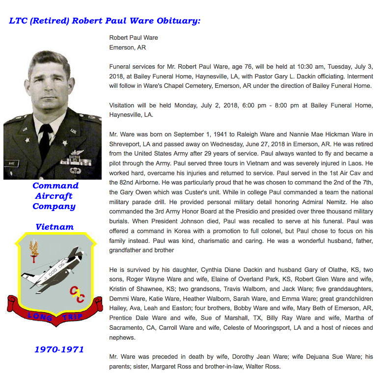 Obituary: LTC (ret.) Robert Paul Ware, 2018